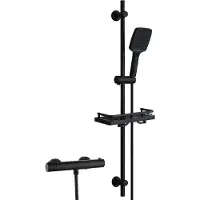 Dylin GmbH Sistema doccia in acciaio inossidabile JOHO con rubinetteria, set con barra doccia, termostato, doccetta, flessibile e barra doccia da 100 cm con ripiano, nero