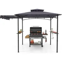 Costway gazebo per barbecue con tenda laterale, doppio tetto, 2 ripiani laterali e ganci, gazebo da giardino per barbecue resistente alle intemperie 318x153x250cm grigio scuro