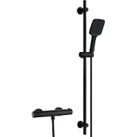 Dylin GmbH JOHO Sistema doccia in acciaio inossidabile con rubinetteria, set con barra doccia e termostato, soffione con 3 tipi di getto, flessibile, barra doccia da 100 cm, nero