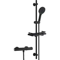 Dylin GmbH Sistema doccia in acciaio inossidabile JOHO con rubinetteria, set con barra doccia, termostato, doccetta, flessibile e barra doccia da 100 cm con ripiano, nero