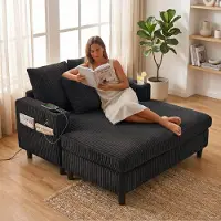 LVHOM Divano letto con LED e USB, poltrona in tessuto a coste, divano lounge con tasche laterali e portabicchieri, portata 350 kg, 128x85x142 cm, nero