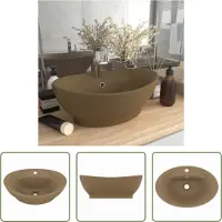 The Living Store Lavabo con troppopieno ovale crema opaco 58,5x39 cm in Vetroceramica