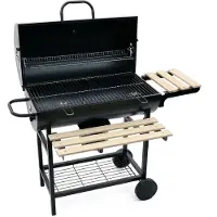 Relaxdays : barbecue a carbonella con carrello, coperchio e termometro, barbecue portatile, barbecue da giardino XXL con ripiani, nero/naturale