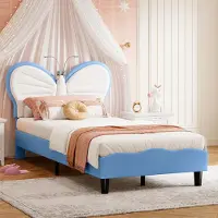UnboxG Letto imbottito 90x200 cm con lampade da lettura a LED, testata a farfalla, regolabile in altezza, letto singolo in velluto per materassi da 10-15 cm, letto per ragazzi
