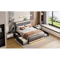 ProximaX Letto matrimoniale in lino grigio, 180 x 200 cm – LED integrati, porte USB/tipo C, 4 cassetti in metallo