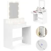 Modernhome ZDT-01: Comodino con specchio e illuminazione LED, con dimmeraggio regolabile, colore bianco