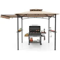 Costway Gazebo con barbecue con tenda laterale, doppio tetto, 2 mensole laterali e ganci, gazebo da giardino con copertura per barbecue resistente alle intemperie 318x153x250 cm Beige