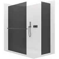 CERANO Pannello doccia angolare Walk-in Crystal T, versione sinistra/destra - 10 mm - sistema senza supporti + ripiano/portasciugamani - nero opaco, vetro grigio grafite - 130x100x200 cm
