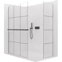 CERANO - Box doccia Walk-in Crystal T L/P - 8 mm - sistema senza montanti + ripiano/portasciugamani - nero opaco, vetro industriale - 160x100x200 cm