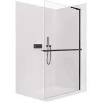 CERANO - Box doccia Walk-in Onyx con montante a L a destra - 10 mm + mensola/portasciugamani - nero opaco, vetro trasparente - 100x200 cm