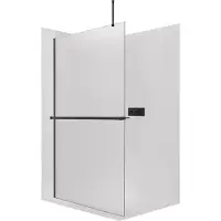 CERANO - Box doccia Walk-in Onyx Top Round L/P - 8 mm - montante arrotondato + mensola/portasciugamani - nero opaco, vetro smerigliato - 140x200 cm