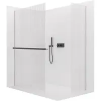 CERANO - Box doccia Walk-in Crystal T L/P - 8 mm - sistema senza montanti + ripiano/portasciugamani - nero opaco, vetro rigato - 120x60x200 cm