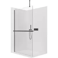 CERANO - Box doccia Walk-in Onyx Top Round L/P - 8 mm - montante arrotondato + mensola/portasciugamani - nero opaco, vetro trasparente - 80x200 cm