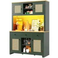 MODFU Armadio vintage da cucina con ante in rattan e 3 cassetti; armadio alto con illuminazione a LED e vano aperto; mobile contenitore verde antico