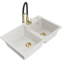 Mexen Tomas lavello in granito a 2 vasche con rubinetto da cucina Aster, bianco - 6516-20-73450-57-G