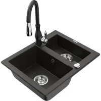 Mexen Carlos lavello in granito da 1,5 vasche con rubinetto da cucina Savita, nero/oro metallizzato - 6518-75-672601-70