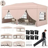 Costway Gazebo 3x6 m, gazebo pieghevole pop-up con struttura in metallo, 6 pareti laterali, 6 sacchi di sabbia, tiranti antivento, picchetti e borsa da trasporto con rotelle