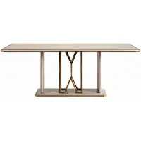 Xl Moebel Gmbh Lussuoso tavolo da pranzo con motivi geometrici dorati e raffinato piano in vetro
