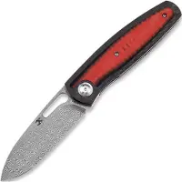 Kansept Knives Coltello pieghevole Mato Damascus, Twill CF/Red and Black G-10