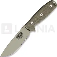 ESEE Model 4, serrated, desert tan/OD green, black plastic sheath