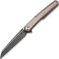 Kansept Knives Coltello pieghevole Arcus Framelock Damascus, Bronze Ti/Brown Micarta
