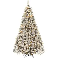 Costway 225cm albero di Natale artificiale con neve incl. 1010 aghi in PVC, 450 luci LED bianco caldo e supporto in metallo, abete, albero di Natale, bianco