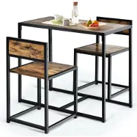 Costway 3 pezzi cucina bar tavolo alto con 2 sedie da bar con struttura in metallo tavolo da cucina bar set per piccole stanze cucina sala da pranzo & bistro legno antico