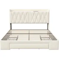 StarTech.com Letto imbottito - Letto matrimoniale 160 x 200 cm - Testiera con illuminazione LED e funzione di ricarica USB - Contenitore contenente 3 cassetti - Rivestimento in velluto - Bianco