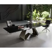DELIFE Tavolo da pranzo Edge, 200-300x100 cm, piano in vetro effetto "relief" nero fumo, design 3D, struttura a forma di "W", finitura effetto titanio, allungabile