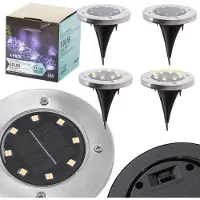 Kik Lampade da giardino solari da interrare, con sensore di crepuscolo, a forma di disco luminoso, 8 LED, confezione da 4 pezzi, luce bianca fredda
