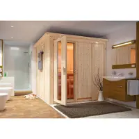 Karibu Sauna Rodin (ingresso frontale), porta in legno con vetro isolante, isolata termicamente, trasparente, stufa da 9 kW a biomasse con comando esterno easy