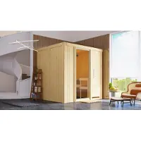 Karibu Sauna Sodin (ingresso frontale), porta in vetro trasparente, senza accessori
