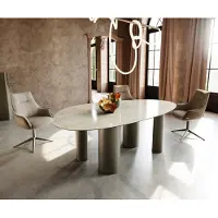 DELIFE Tavolo da pranzo Edge ovale, 220x120 cm, piano in Vetroceramica Iris FMG, finitura Onice Oro, struttura in metallo con effetto titanio