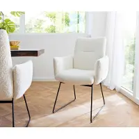 DELIFE Sedia da pranzo Jova-Flex con braccioli, rivestita in tessuto bouclé bianco, base nera, imbottitura in molle insacchettate