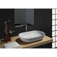 NEXTREND - GmbH Lavabo da appoggio O-540 - Gesso minerale - Bianco, lucido - Mascherina aggiuntiva a scelta, mascherina aggiuntiva per il gruppo di scarico: senza mascherina aggiuntiva