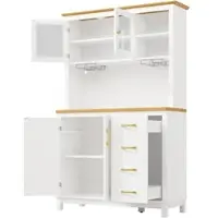 STILVORA Mobiletto laterale in stile rustico con illuminazione a LED e portabicchieri, armadietto da cucina con 4 ante, credenza per cucina e sala da pranzo, colore bianco