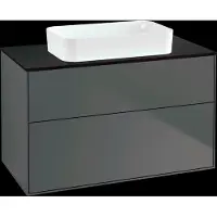 Villeroy & Boch Finion meuble sous lavabo, 2 tiroirs, avec éclairage, lavabo au centre, sans trou pour robinet, 1000x603x501mm, Glass Black Matt, G64200GK, G64200GK