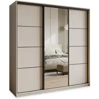 Masseno Armadio scorrevole VARO 200/205/60 cm Armadio con cassetti Armadio per camera da letto a 3 ante con specchio Cashmere + Nero