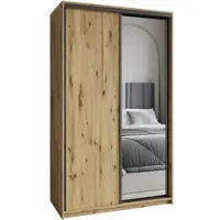 Masseno Armadio scorrevole TAVI 120/205/60 cm Armadio con cassetti Armadio per camera da letto a 2 ante con specchio Rovere Artisan + Nero