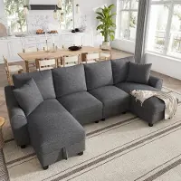 OKWISH Divano angolare con due chaise longues, divano da soggiorno con due cuscini, divano a forma di "U" con spazio contenitore, divano letto in chenille grigio