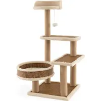 Costway - Albero per gatti a 5 piani, in rattan, di dimensioni ridotte, con piattaforma, pallina giocattolo, pali per graffiare e cuccia, albero da arrampicata marrone, 40x40x90 cm