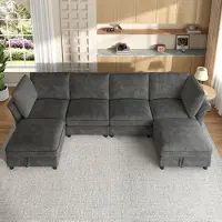 STILVORA Divano componibile , combinabile a piacere come divano ad L; divano Cloud con imbottitura morbida, divano a 6 posti con pouf contenitore e 2 cuscini per i braccioli, ciniglia, grigio