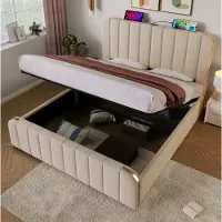 OKWISH Letto imbottito 140x190 con porte USB e Type-C, letto per studenti con spazio contenitore, testiera con finiture dorate, letto matrimoniale color beige