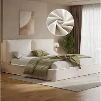 STILVORA Letto imbottito 180 x 200 cm con meccanismo idraulico e testiera, testiera imbottita, letto matrimoniale con rete a doghe, beige, velluto