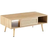 OKWISH Tavolino da salotto in stile rattan con ante scorrevoli e vano portaoggetti, gambe in legno massello, finitura naturale