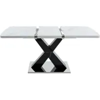 OKWISH Tavolo da pranzo rettangolare allungabile, con base in metallo, gambe a forma di "X", piano decorato effetto marmo bianco, adatto per soggiorno o cucina, colore bianco