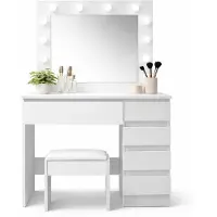 AGA Tavolo da toeletta con specchio e illuminazione + sgabello Bianco opaco