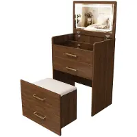 MODFU , tavolino cosmetico 3 in 1 con 3 cassetti. Comodino con specchio aperto. Set con piano in vetro trasparente, finitura noce