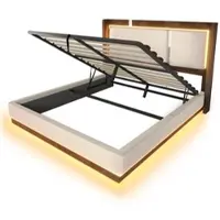 STILVORA Letto per ragazzi 140x200 con rete a doghe e illuminazione a LED, letto imbottito con contenitore idraulico, divano letto in lino beige e noce