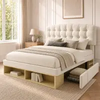 Flieks Letto imbottito 140x200 cm con cassetti, letto matrimoniale con vani portaoggetti, letto per ragazzi con testiera regolabile, velluto, beige